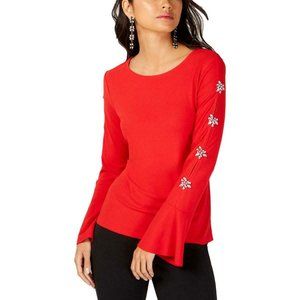 I-N-C Womens Embellished Bell Sleeves Red Blouse